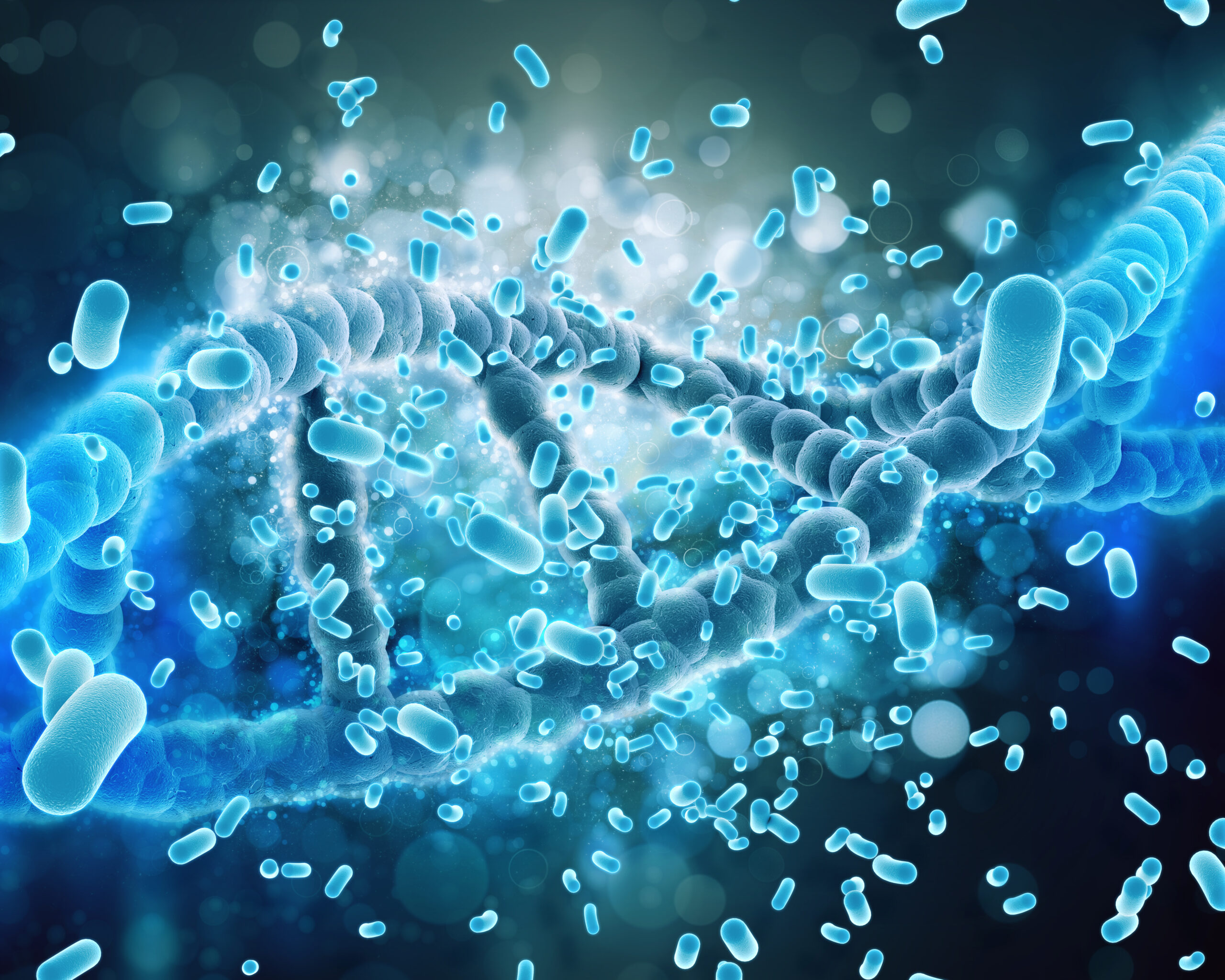 3D render of a medical background with DNA strands being attacked by virus cells