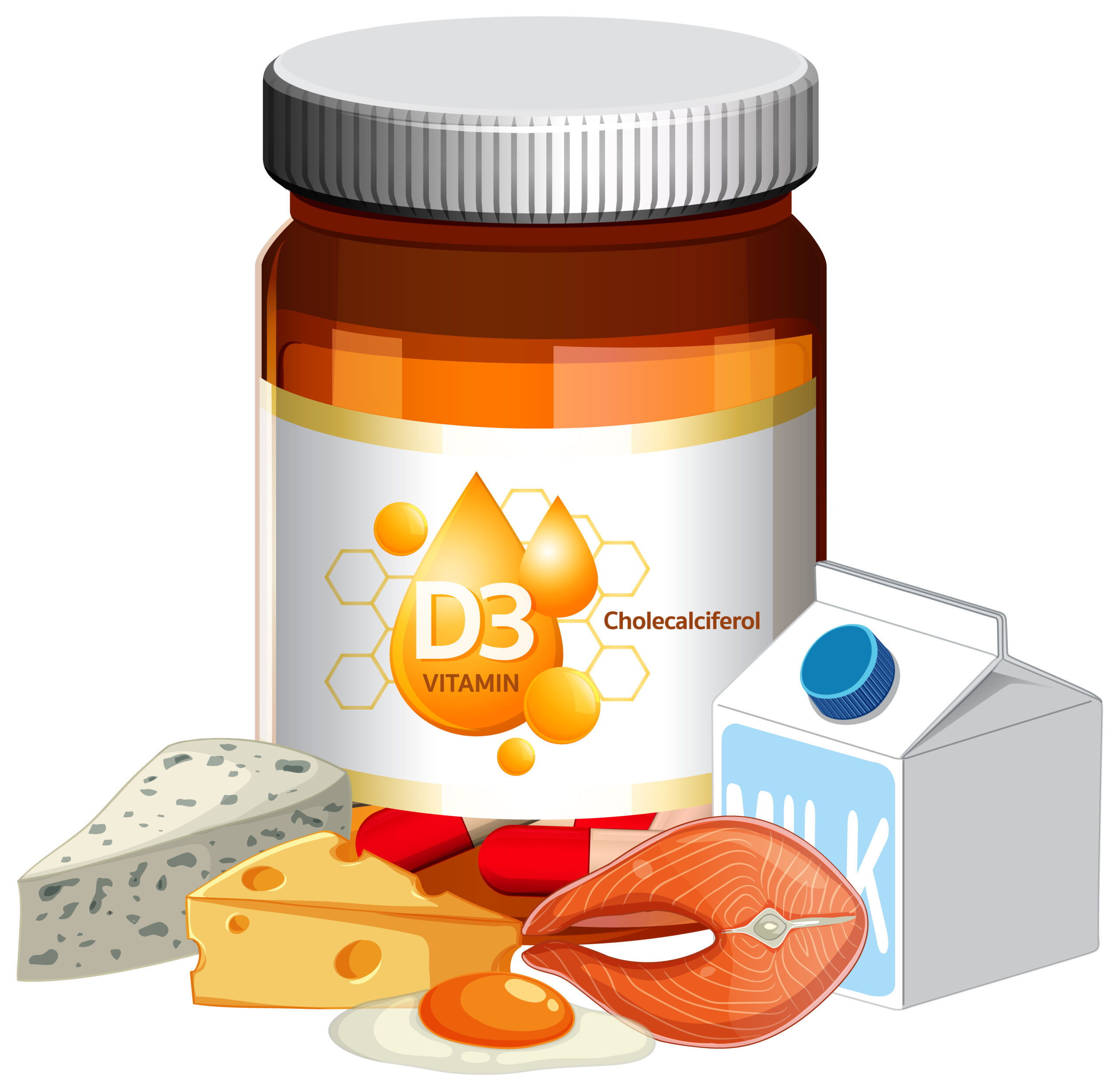 Vector illustration of vitamin D3 bottle, cheese, milk, salmon, egg, and capsules, bright colors